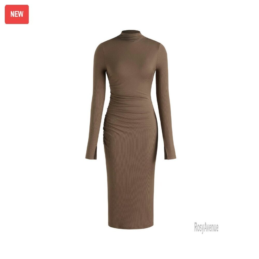 Long Sleeve Ribbed Knit Bodycon Midi Dress High Neck Ruched